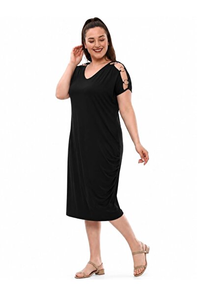 MARE BUTİK Plus Size Viscose Midi Dress with Metal Ring Detail-L