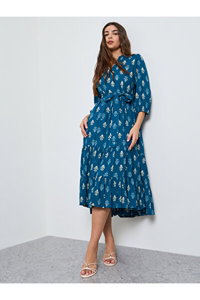Styli Teal Floral Tiered Midi Dress with Tie-Belt