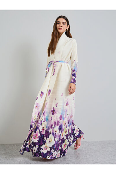 Take Two By Styli Printed Textured Pleated Open Front Abaya