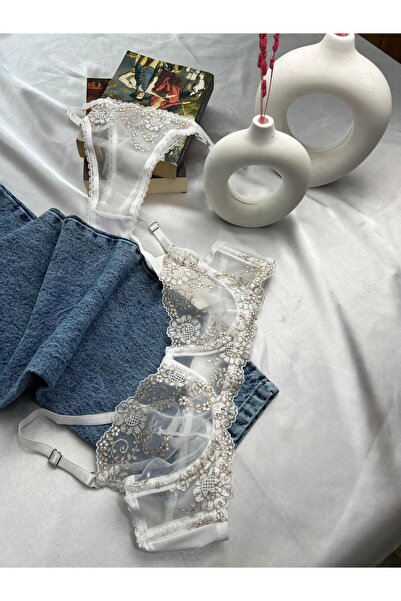 lovelace butik Tül Detay Brode Sütyen Takım (Beyaz Çiçekli)