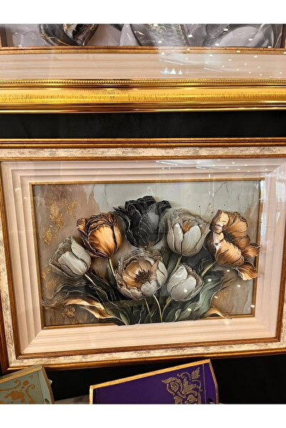 Müze sanat El Yapımı Modern Lale Buketi Rölyef Tablo - Gold Işıltılı Kabartma...