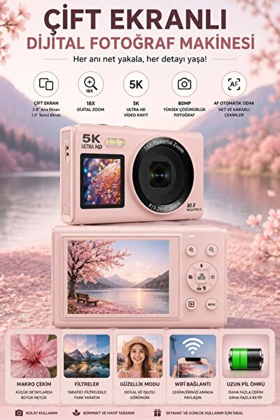 kozo-f 5K Ultra HD Dijital Fotoğraf Makinesi Çift Ekranlı 80MP Kamera 18X Dij...