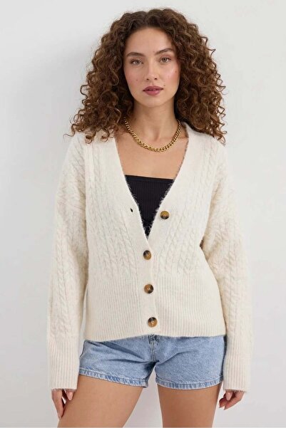 ALFA AKSESUAR 03 Women's V-Neck Knitted Oversize Knitwear Ecru Cardigan