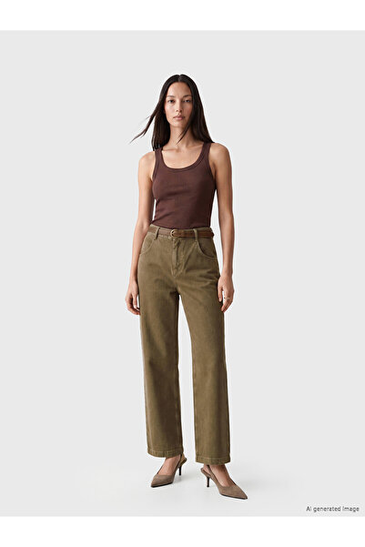 LC Waikiki Brown Wideleg Fit Women's Jean Trousers with Belt at the Waist