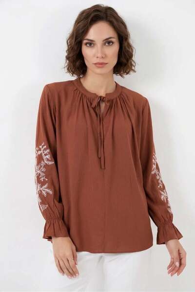 ALFA AKSESUAR 03 Women's Lace-Up Collar Sleeve Detailed Embroidered Tile Blouse