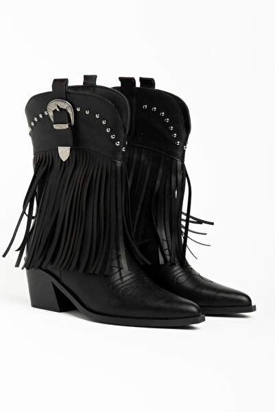 DENORA Black Matte Leather Tasseled Buckle Western Cowboy Boots