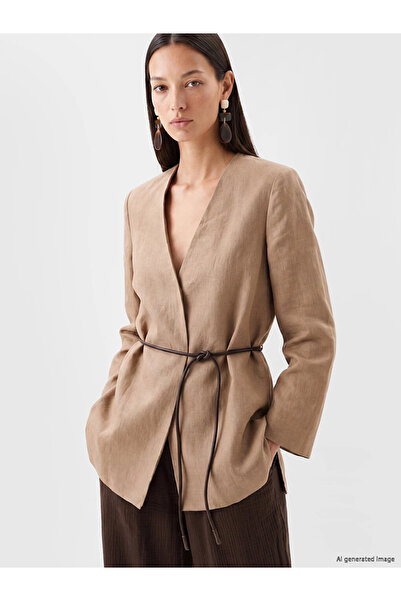 LC Waikiki Beige 100% Linen Women's Jacket with Belt at the Waist