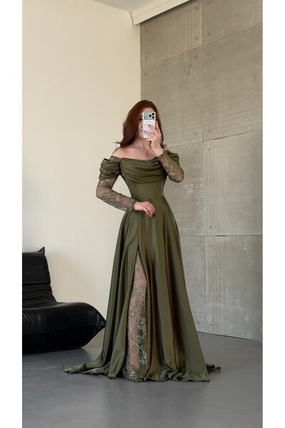 ayşenur Dinçer butik Royal Dantel Detaylı Haki Yeşili Abiye