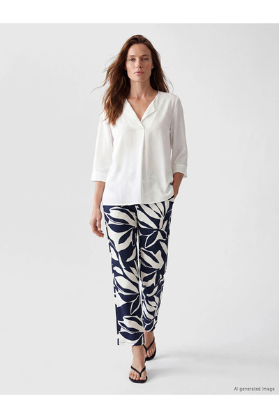 LC Waikiki Navy Blue Elastic Waist Patterned Women's Trousers