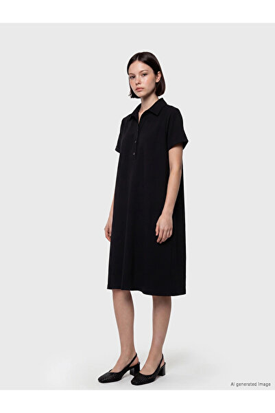 LC Waikiki Black Polo Collar Muslin Dress