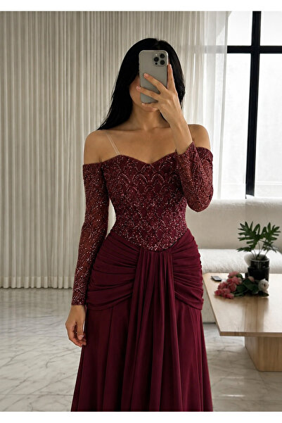 mivora Embroidered Burgundy Evening Dress