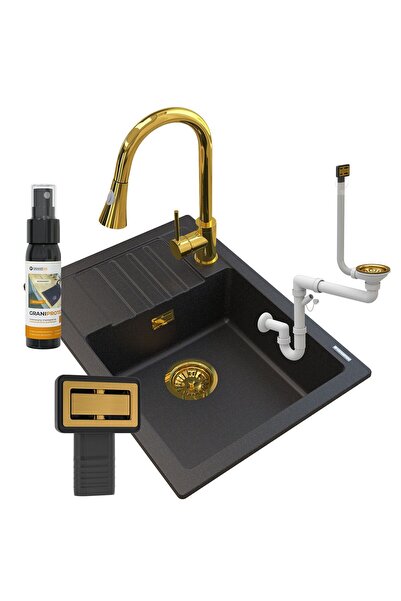 Granitan Set Chiuveta Granit ARGOS, Baterie Auriu SNAKE Extractibila, Sifon, ...