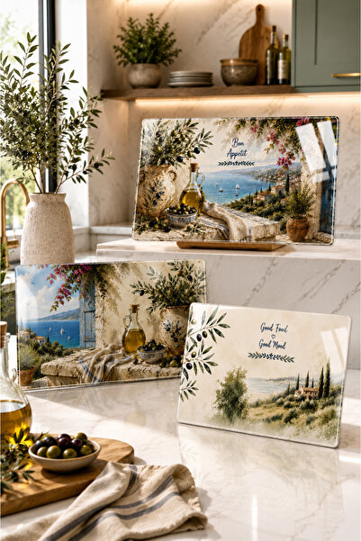 Decorita 3-Piece Glass Cutting Board |   Olive Branch Collection |   17cm X 29cm
