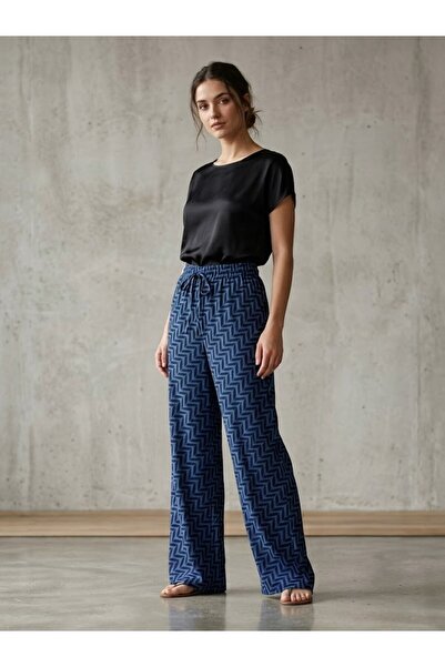 EFİL MODA BAĞCIKLI VİSKON DESENLİ CEPSİZ PALAZZO PANTOLON