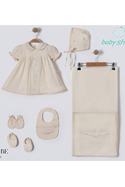 Baby shine طقم استقبال مولود بناتي فستان تركي فاخر قطني100% - 5قطع -3139