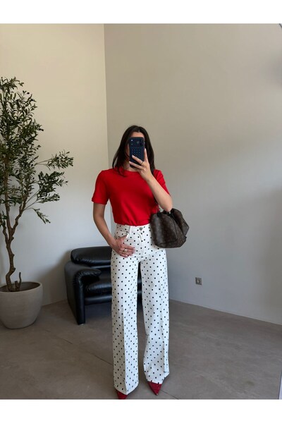 Bade Butik Ekru Kahve Puantiyeli Palazzo Jean