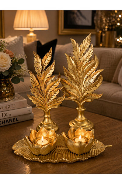 COOLOVS Dekoratif Yaprak Mumluk Seti Gold Polyester Şık Ev Aksesuarı Salon Ko...