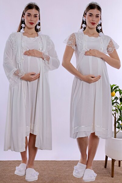 ByLohusa Soft Textured Maternity Nightgown Set Effortt - Ecru