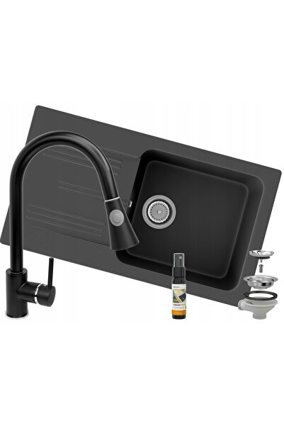 Granitan Set Chiuveta Granit ADA, 780x440mm, Negru, Sifon Economic si Baterie...