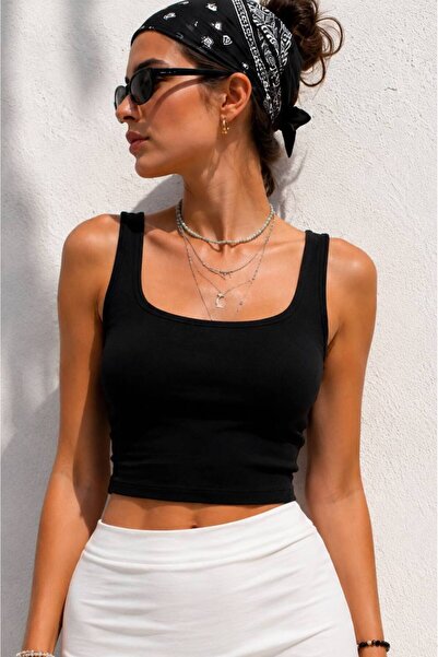 LÜKSERA Kadın Kalın Askılı Pamuklu Kumaş Crop Atlet Bluz