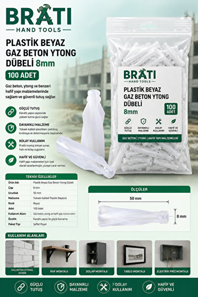 BRATİ HAND TOOLS Plastik Beyaz Gaz Beton Ytong Dübeli 8 Mm 100 Adet Yutong