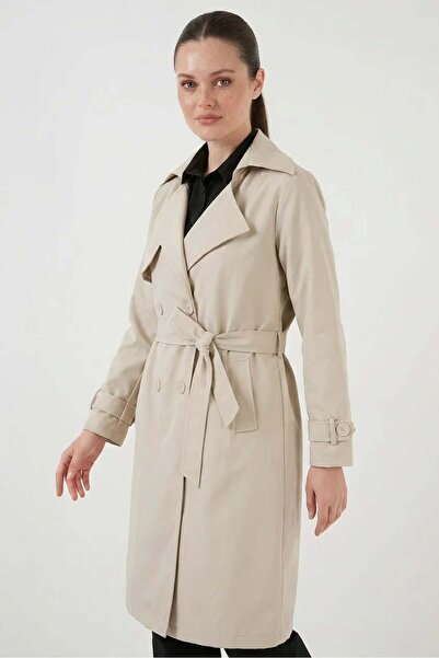 ALFA AKSESUAR 03 Women's Double Breasted Collar Belted Beige Trench Coat