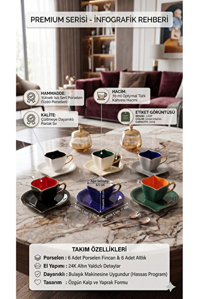 RİVO HOME DECOR Premium Series Porcelain Turkish Coffee Cup Set for 6 People
