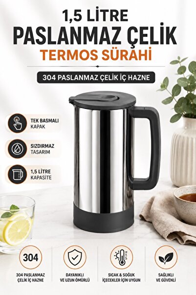 Sas Haus 1.5 Liter Stainless Steel Thermos Jug |   Single Push Cover |   Leak...