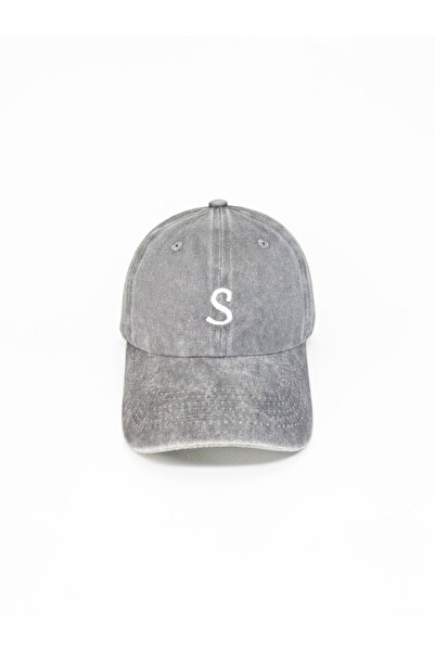 EFENDİŞAPKA S Harfli Gri Nakışlı Vintage Tarz Eskitme Yıkamalı Unisex Şapka Cap