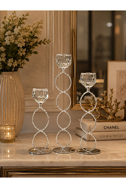sahane & bazaar Dekoratif 3’lü Metal ve Kristal Detaylı Mumluk Şamdan Seti