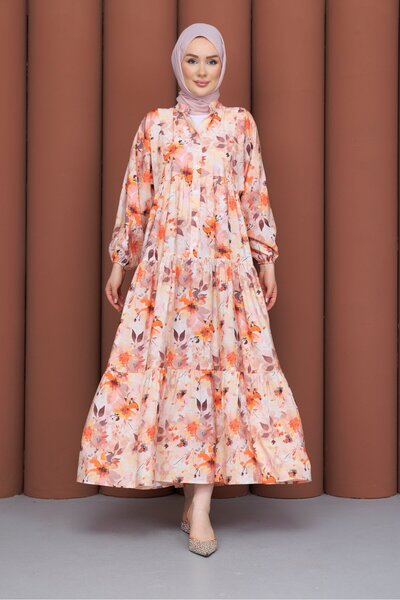 PAVENTİ Modal Dress with Leaves in Pink