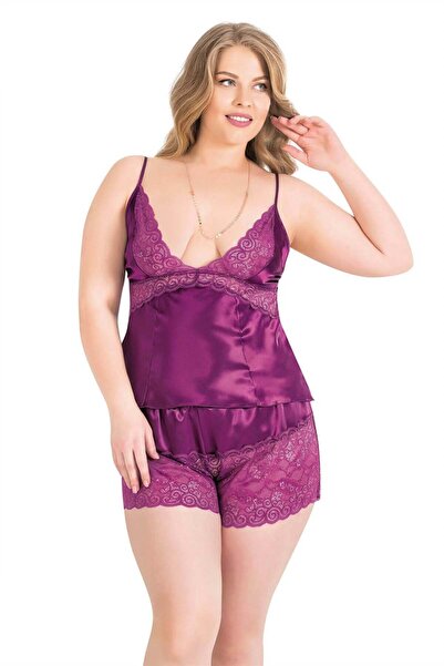 AHU Women's Plus Size 2 Piece Lace Trim Satin Pajama Set with Blouse and Shorts