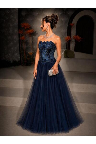 led style Navy Blue Evening Dress with Luxurious Embroidered Pink Flowers