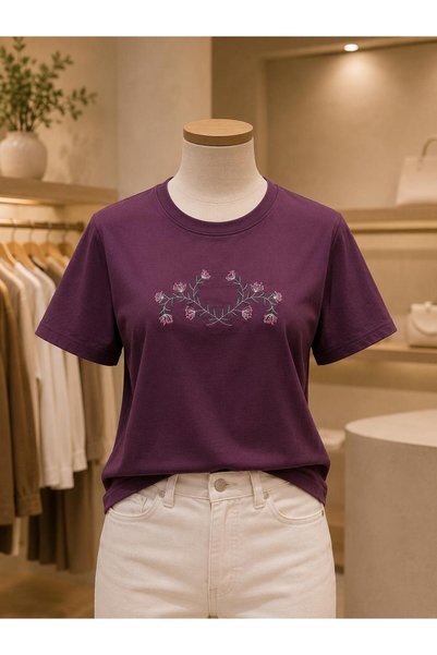 yubistitch Tshirt Embroidered with Elderflower- Combed Cotton-Claret Red