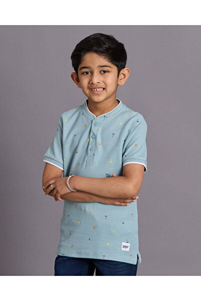 REDTAG Boys Green Mandarin Collar Shirt
