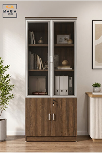 MARIA HOMES Tall Wooden Display Cabinet with Glass Doors – Office Storage Boo...