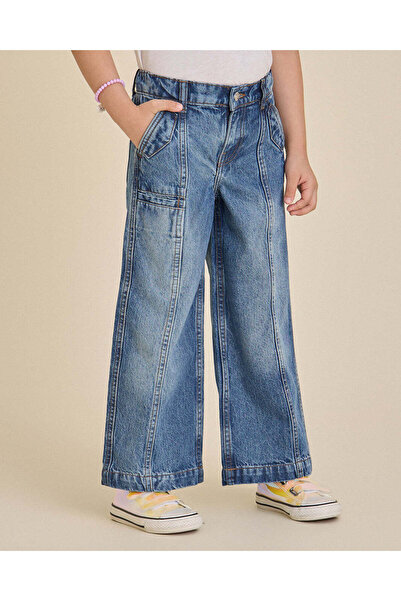 REDTAG Girls Blue Wide leg Cut & Sew Jeans