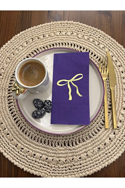 kidspartim Gold Gilded Purple Bow Printed Waiter Folding Napkin 16 Pieces