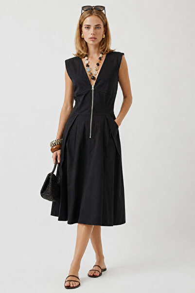 VENA Front Zipper Midi Dress-Black
