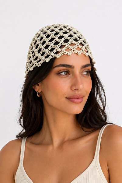 MetuCA Women's Beige Mesh Knitted Bandana Summer Perforated Knitwear Hair Acc...