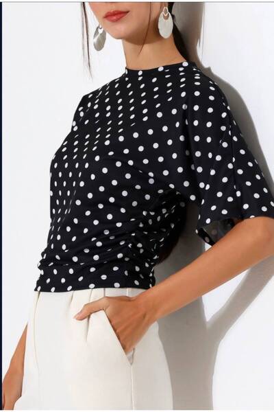 shopidik Vintage-Inspired Black and White Polka Dot Patterned Stylish Blouse