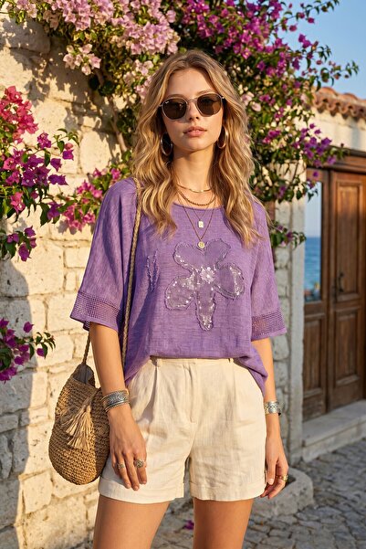 Lior Design Purple Wide Collar, Low Sleeve Hem, Mesh Detail on the Sleeve End...
