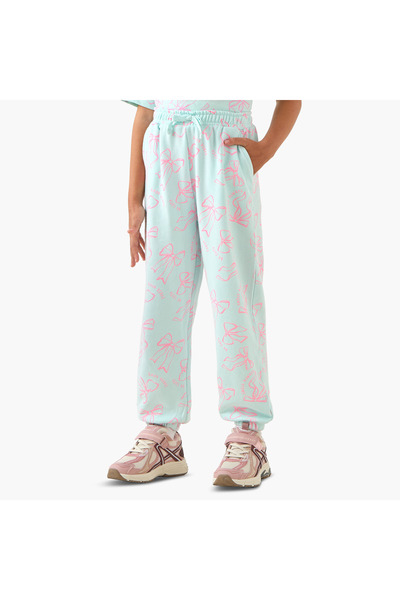 Juniors Elasticated Drawstring Waist Joggers with Bow Print