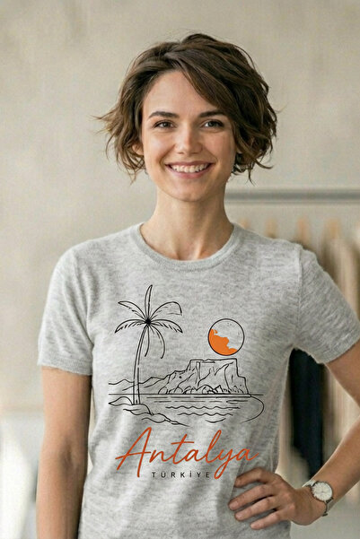 Baran Işık Antalya 100% Cotton Unisex Printed T-Shirt with Sunset and Beach View