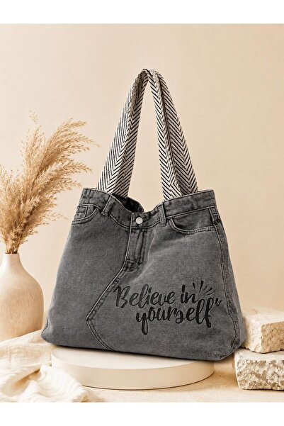 Dema Kadın Gri Denim Omuz Çantası - Desenli Askılı Tasarım Denim Çanta - Bask...