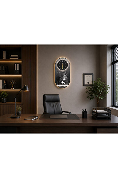 Armasse Kuzey Işığı Geyik Temalı Dekoratif Oval Duvar Saati 60x30 cm – Modern...