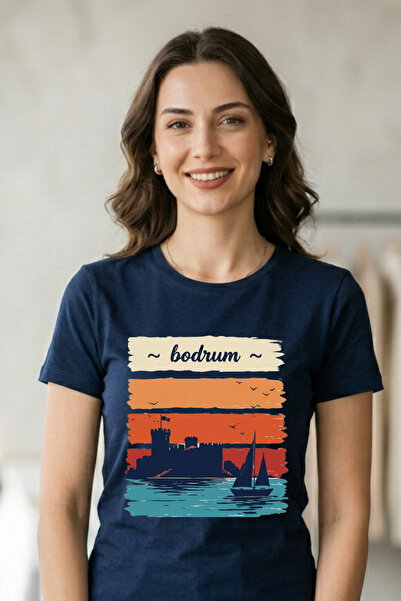Baran Işık Retro Printed Unisex White T-Shirt with the Image of the Bodrum Ca...