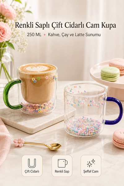 Tilbe Home 250 ml Çift Cidarlı Cam Kupa Renkli Saplı İç Dekor Şeffaf Kahve Ça...
