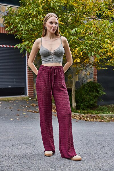 Raneel Kazançlı Alışveriş Women's Wrinkled Loose Draped Trousers Burgundy