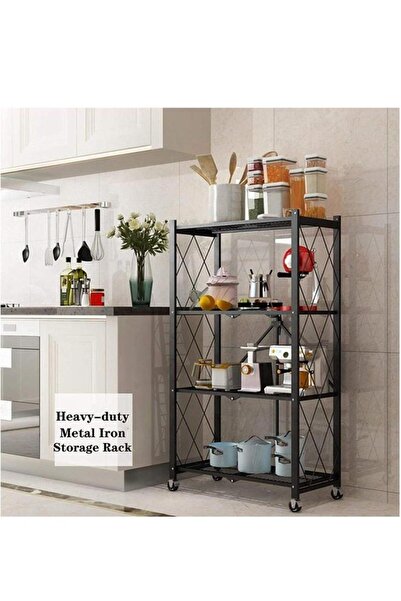 Homestar 4 Black Tier Foldable Storage Shelves for Kitchen Rack No Assembly S...